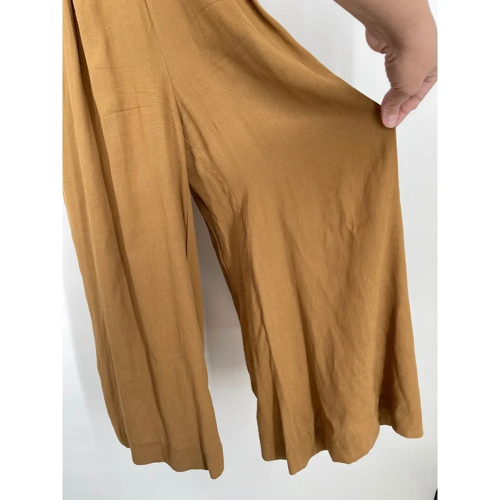 Free People Eileen Jumpsuit Wide Leg Lace Trim Tan Size 0 Boho Coastal Neutral‎